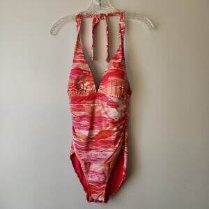 Lauren Ralph Lauren One Piece Swimsuit Womens 8 Pink White Abstract Halter Beach